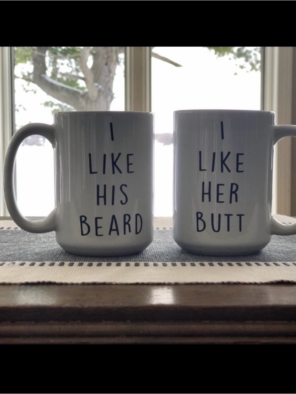 Set of 2 White Phrase Mugs - "I Like His Beard" & "I Like Her Butt"
